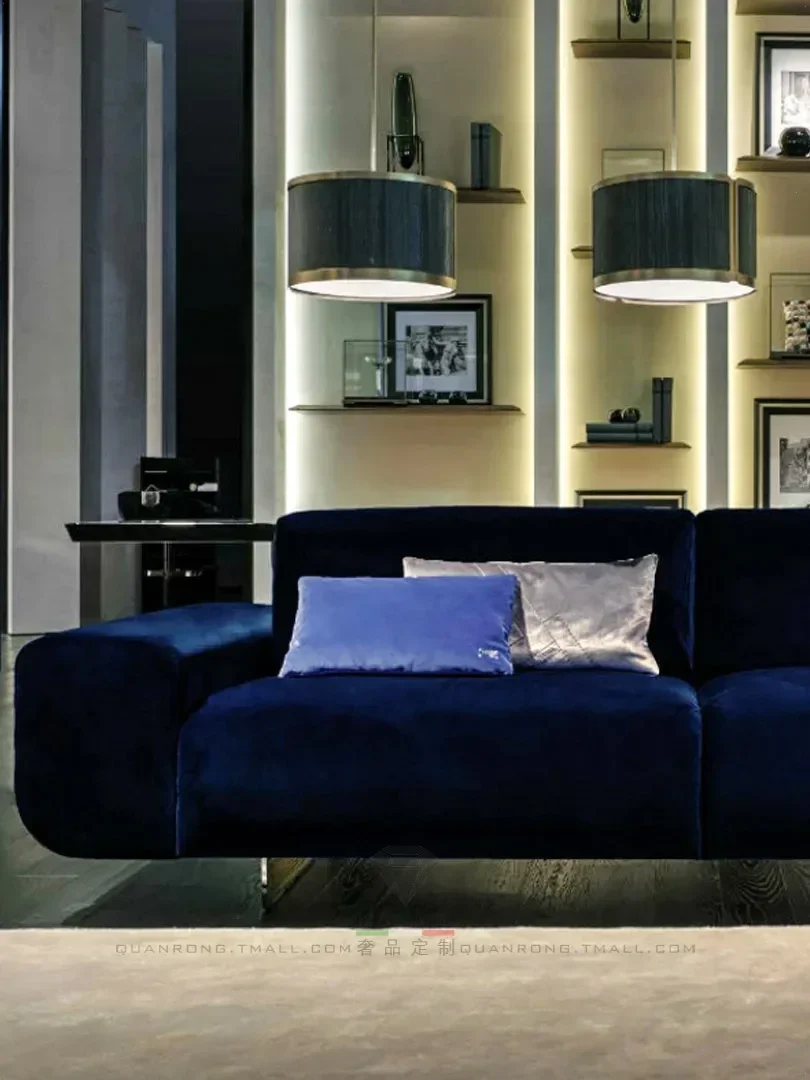Light Luxury Blue Sofa Italian Velvet Three-Seat Sofa One-Line Modern Simple Sofa for Multi-User Fashion Customization