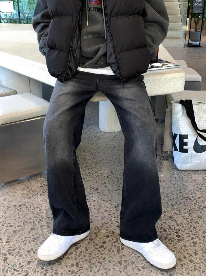 

TANGZ Studio Men's Thiened Straight Leg Jeans Retro Waed Loose Floor-Length Commuter Korean Sle Casual Cotton Blend