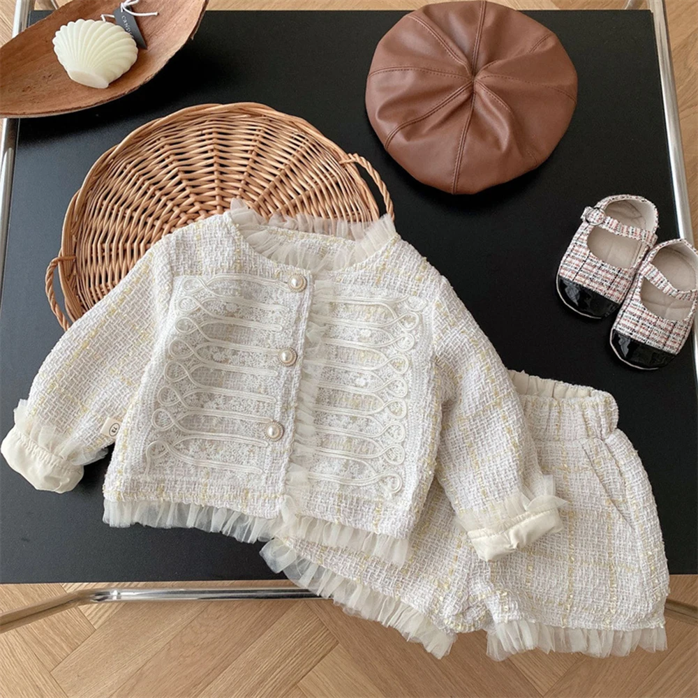 

0-6T Chidren Princess Styles Knitted 2piece Set Suit Girls Sweet Long Sleeve Single Bresated Lace Edge Outwear+Fashion Shorts