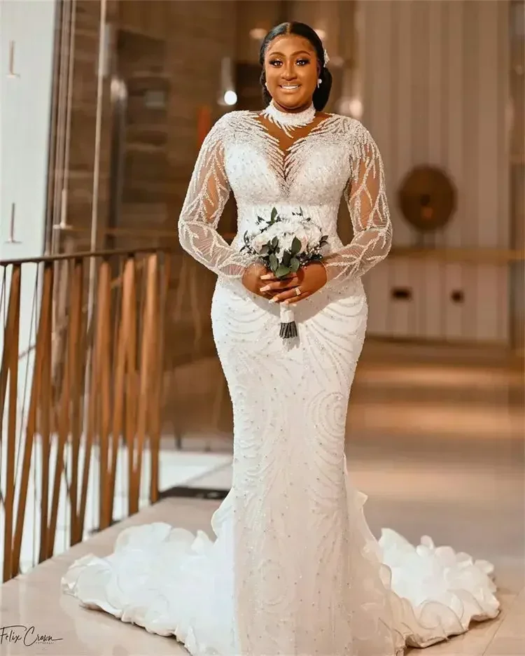 Customized Customize Luxury Mermaid Wedding Dress High Illusion Neck Beaded Heavy Crystals Long Sleeves Bridal Fish Tail Wedding