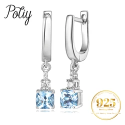 Potiy Total 1.73ct Cushion Natural Sky Blue Topaz Dangle Drop Earrings 925 Sterling Silver for Women Gemstone Fine Daily Jewelry