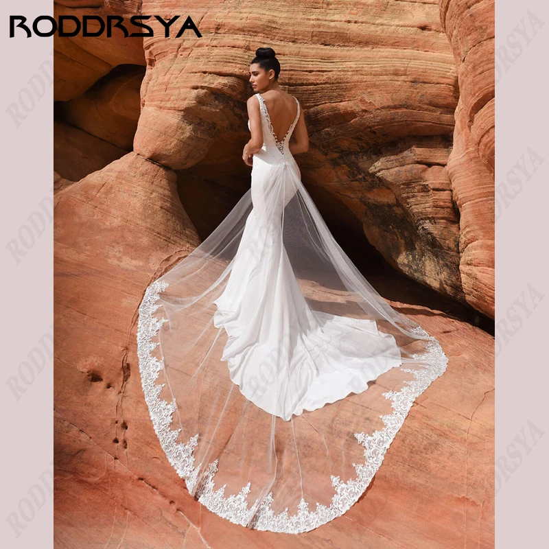 RODDRSYA-vestidos de novia de sirena para mujer, ropa de satén suave, Sexy, con cuello en V, sin mangas, Espalda descubierta, para playa-vestidos de novia de sirena para mujer, ropa de satén suave, Sexy, con cuello en