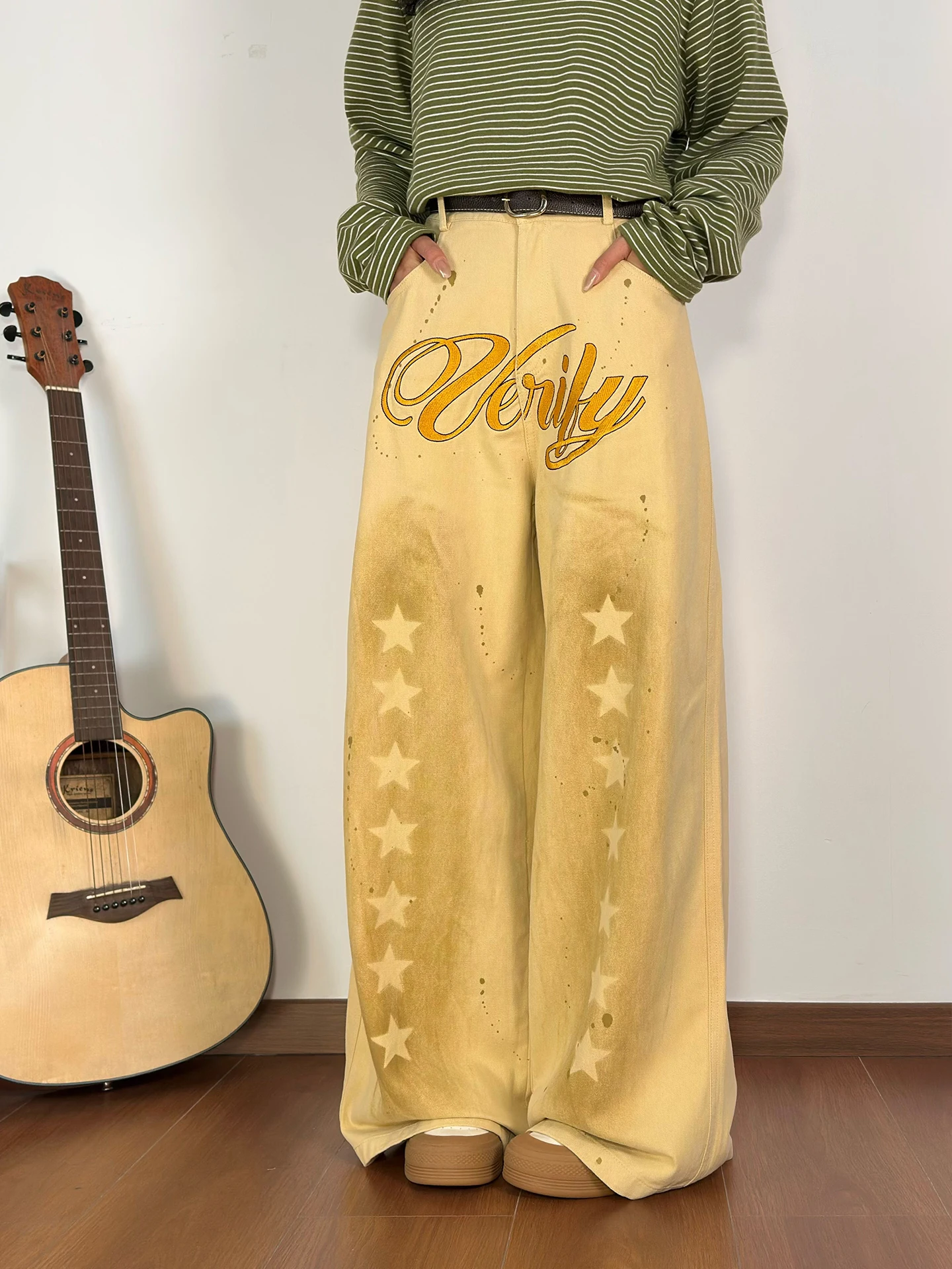 

Street Sle Distred Star Letter Print Loose Fit Casual Pants for Women Autumn New Arrival Floor Length Wide Leg Trousers