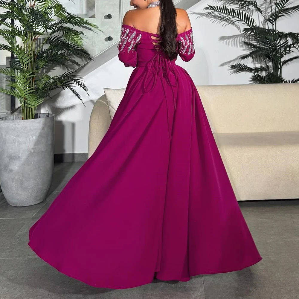 Customized Exquisite Ankle Length Halter Jersey Long Sleeves Crystal Evening Dress Fashion Photo Color vestidos para mujer