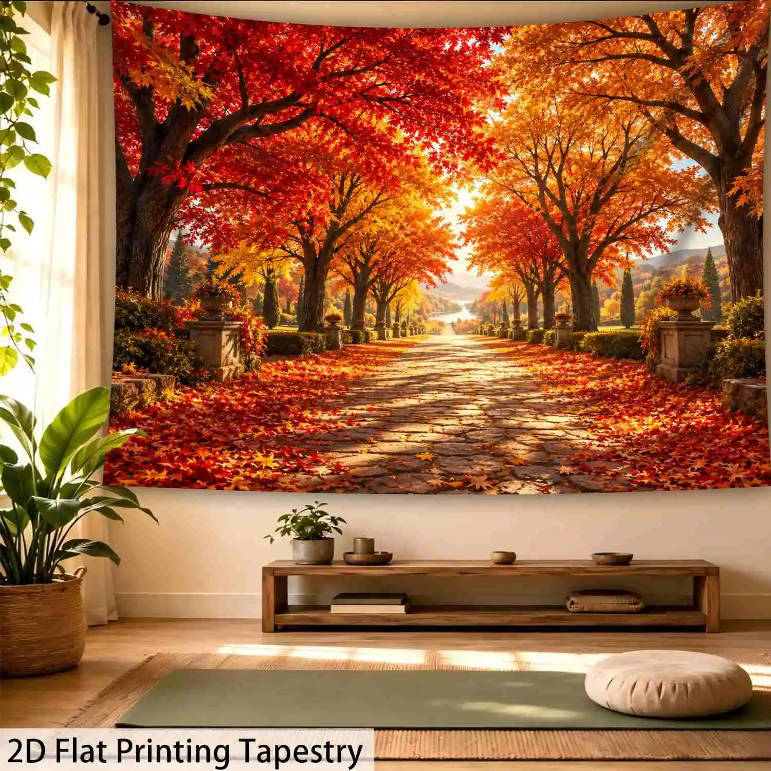 Maple Avenue Tapestry, Stone Road Red Maple Trees Golden Sun Ray Wall Hanging, Warm Autumn Nature Tapestry for Home Wall Decor