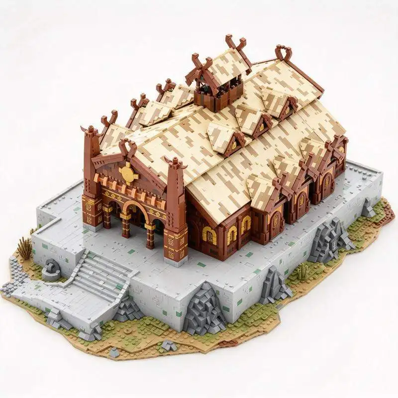 10029PCS Royal Golden Viking Hall Building Blocks Nordic Longhouse Palace Architecture Model Custom Puzzle DIY Collection Gift