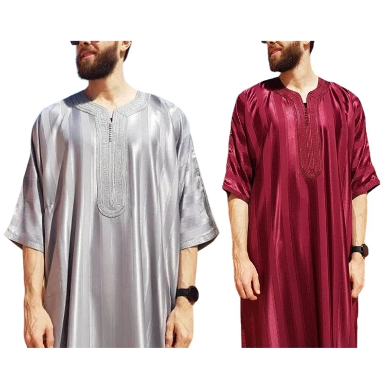 Herren Langarm Kaftan arabische Robe Stehkragen muslimische Robe Rundhals ausschnitt arabische Robe islamische Robe muslimische ethnische Kleidung Robe