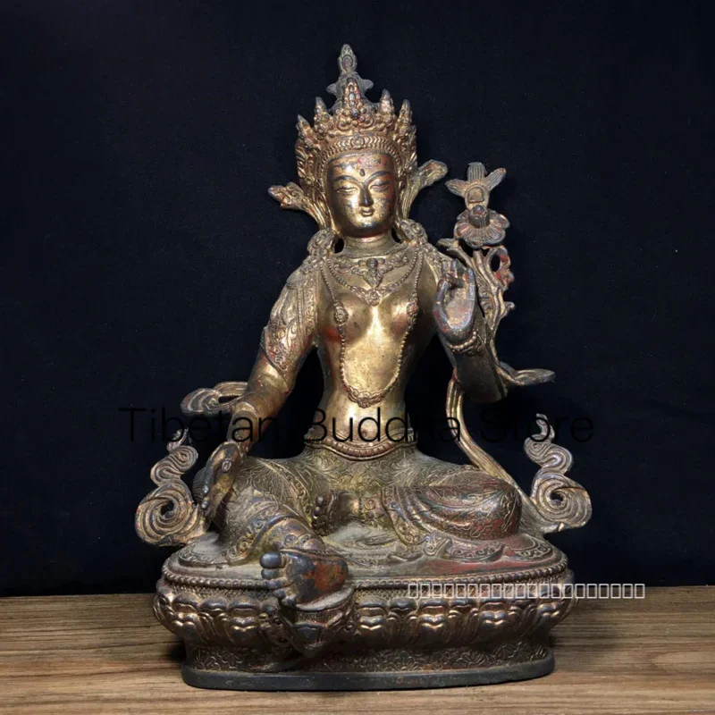 31cm Nepalese Tibetan Old Yellow Copper Pure Copper Tara Guanyin Buddha Statue Ornament