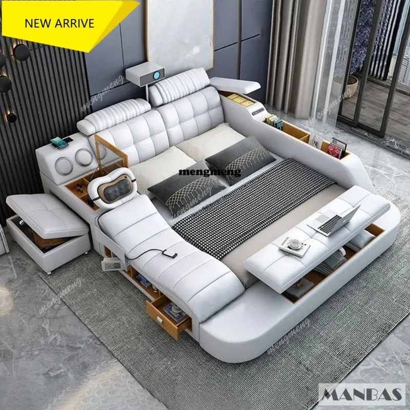 

Tech Smart Genuine Leather Bed Multifunctional Ultimate Beds | Massage Tatami Bed with Projecter Upholstered Cama