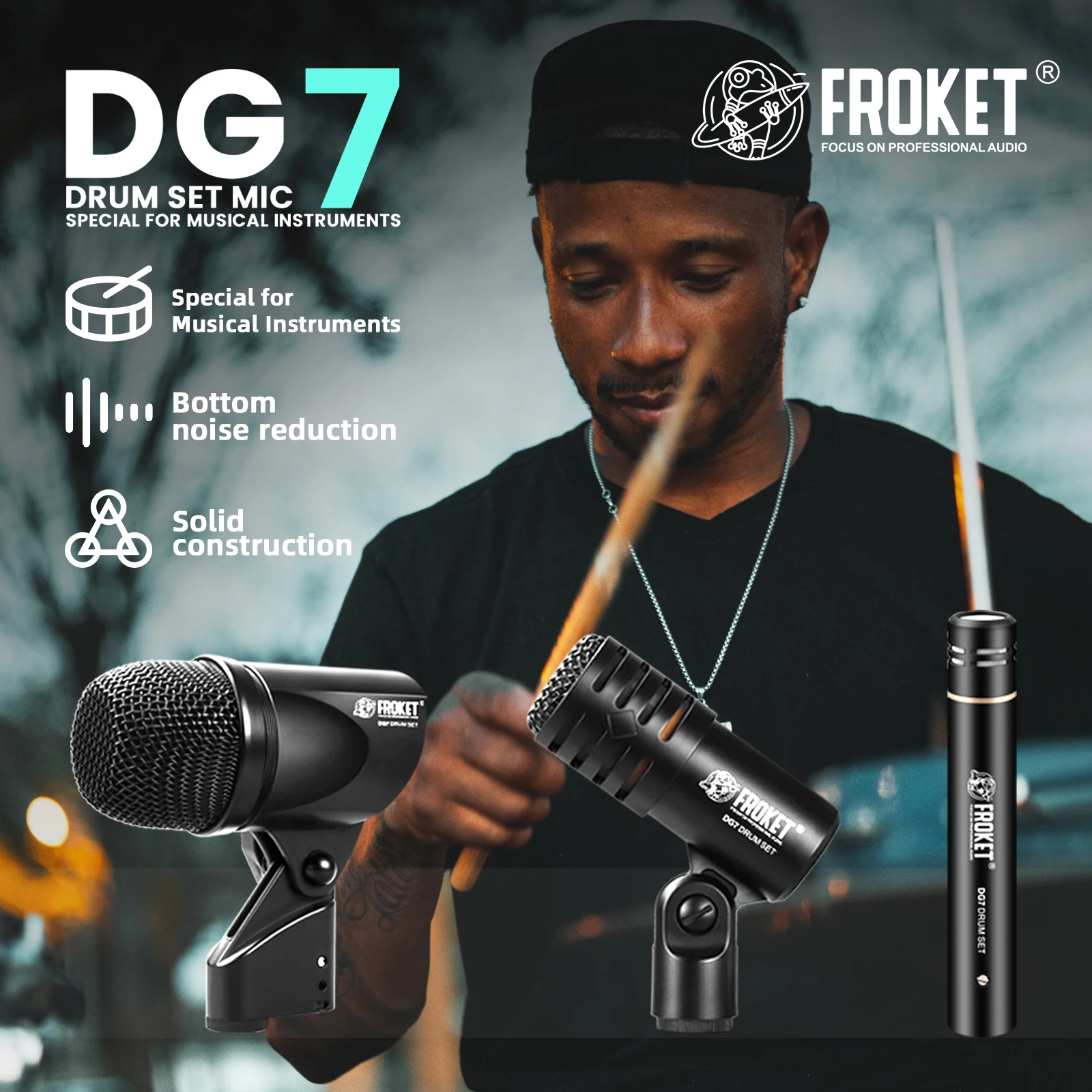 DG7 Professional Drum Mic Kit, Bass/Snare and Cymbal Mic Kit with Grip Arm Stand, Wired Dynamic Drum Mic Kit for Bands