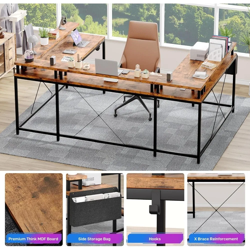 U/L Shaped Desk, Reversible Computer Gaming Desk with Power Outlet & LED Light, Large Corner Table with Monitor Stand & Storage