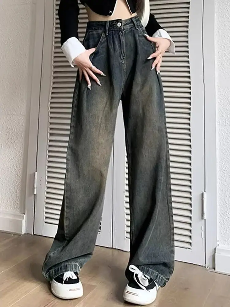 Spring Chicly Washed Vintage Straight Female High Waisted Jeans New Basic Simple Casual Classic Zipper Button Baggy Jeans Women