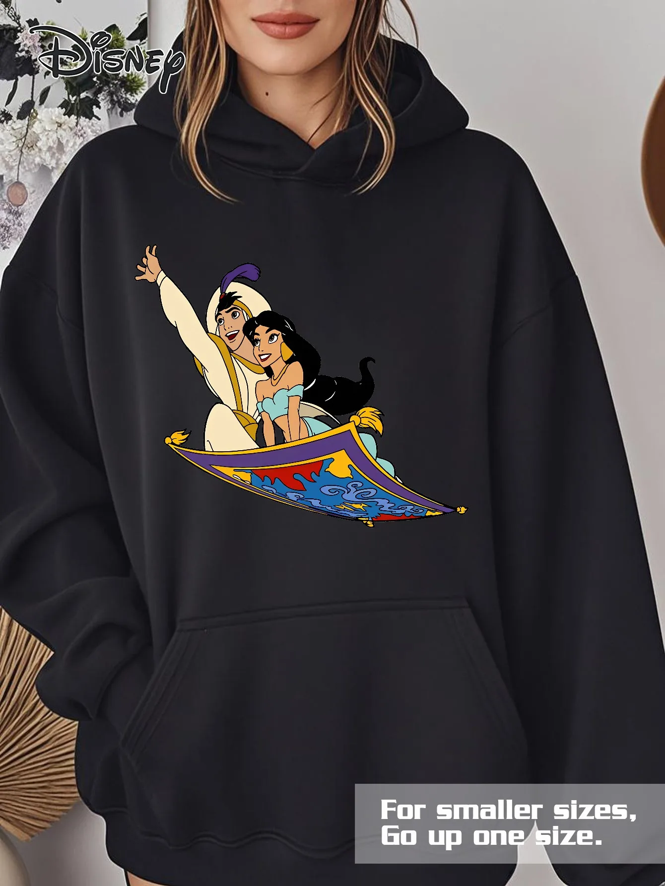 سترة نسائية بغطاء للرأس من Disney Aladdin & Jasmine - بلوفر رسمي برسومات السجاد السحري، سويت شيرت بقلنسوة فضفاض #1