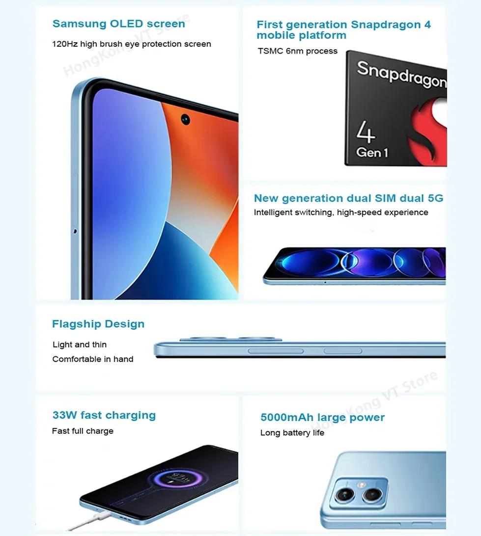 هاتف ذكي Global Rom Xiaomi Redmi Note 12 5G بسعة 128 جيجابايت/256 جيجابايت وشاشة 6.67 بوصة شاشة ذهبية 120 هرتز سنابدراجون 4 Gen1 وكاميرا مزدوجة بدقة 48 ميجابكسل 33 وات مستعملة