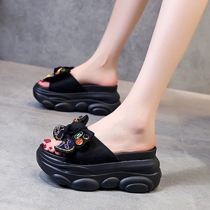 Increased Internal Flat Shoes Female House Slippers Platform Slipers Women On A Wedge Heeled Mules Slides Butterfly-Knot 2023 Hi