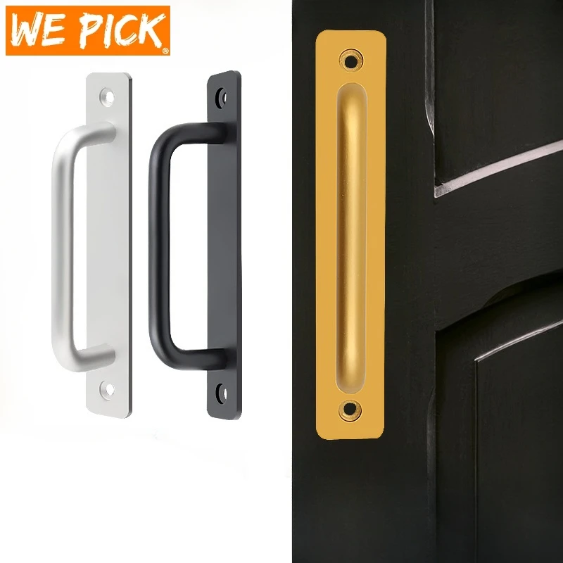 Aluminium Alloy Punch-free Furniture Cabinet Handle Sliding Barn Door Handle Pull And Flush Hardware Set Wood Door Drawer Handle