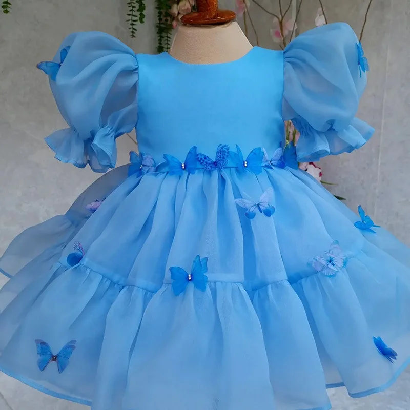 Customized Summer Solid Mesh Cascading Gown Fairy Slim Waist A-line Childern Flower Dress Sweet Bow Appliques Short Birthday Par