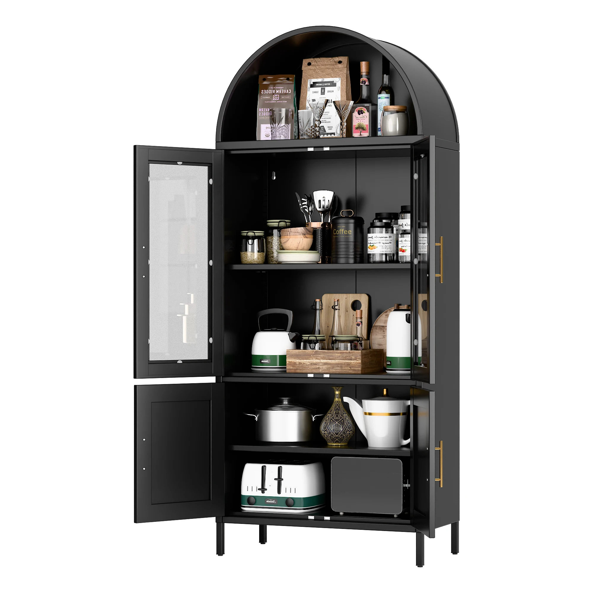 73-дюймовый арочный кухонный шкаф для хранения кладовой с дверцами/полками, черный арочный книжный шкаф, витрина для домашнего офиса, бара, жизни