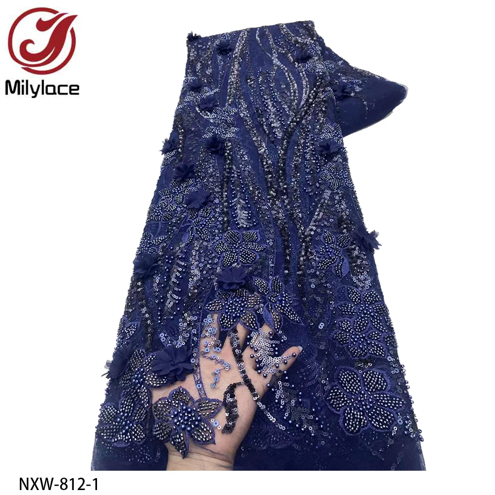 

African Sequins Lace Fabric High Quality Embroidery 3D French Flower Beads Nigerian Net Lace for Wedding Party Dress NXW-812