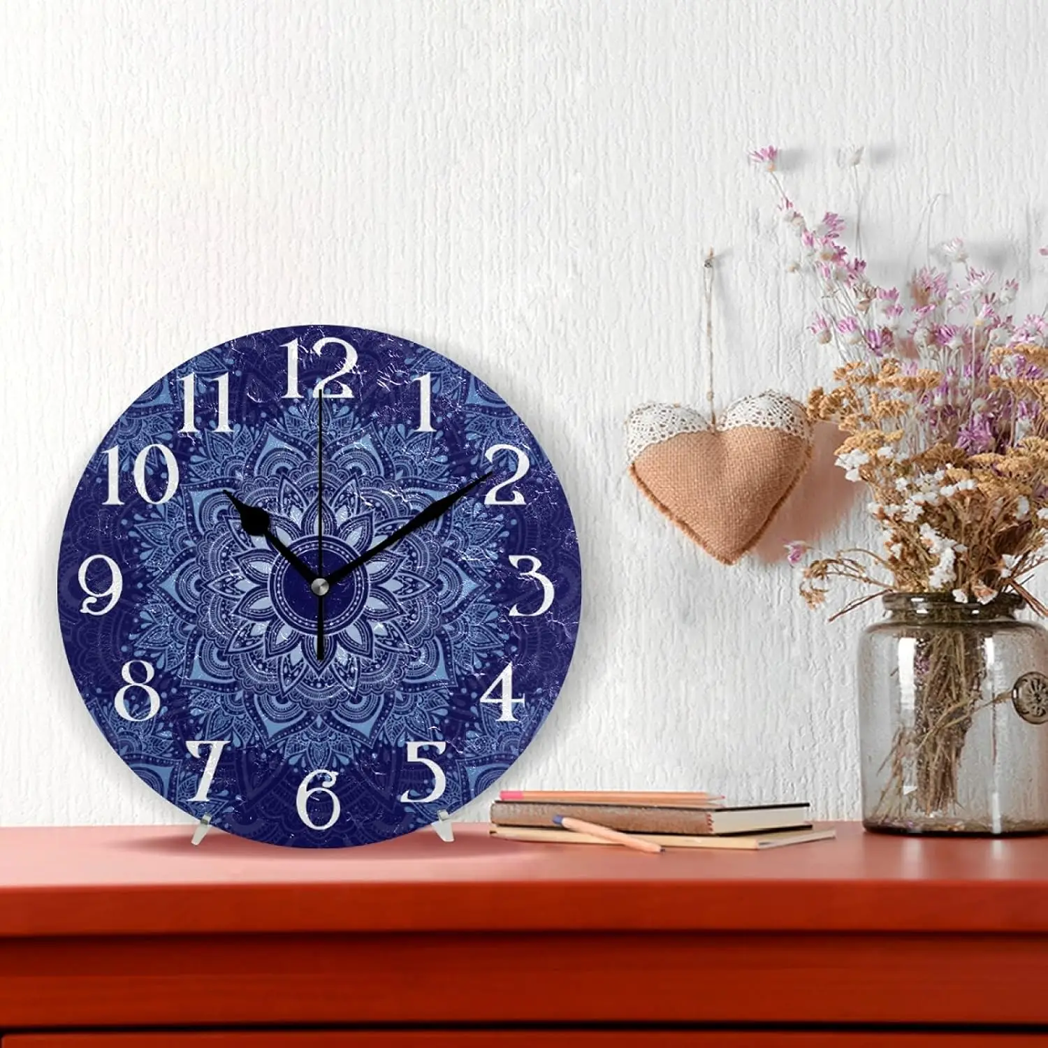 Blue Flower Mandala Boho Floral Wall Clock 9.5 Inch Non-Ticking Silent Clocks Round Bathroom Clock Battery Operated Quartz Analo