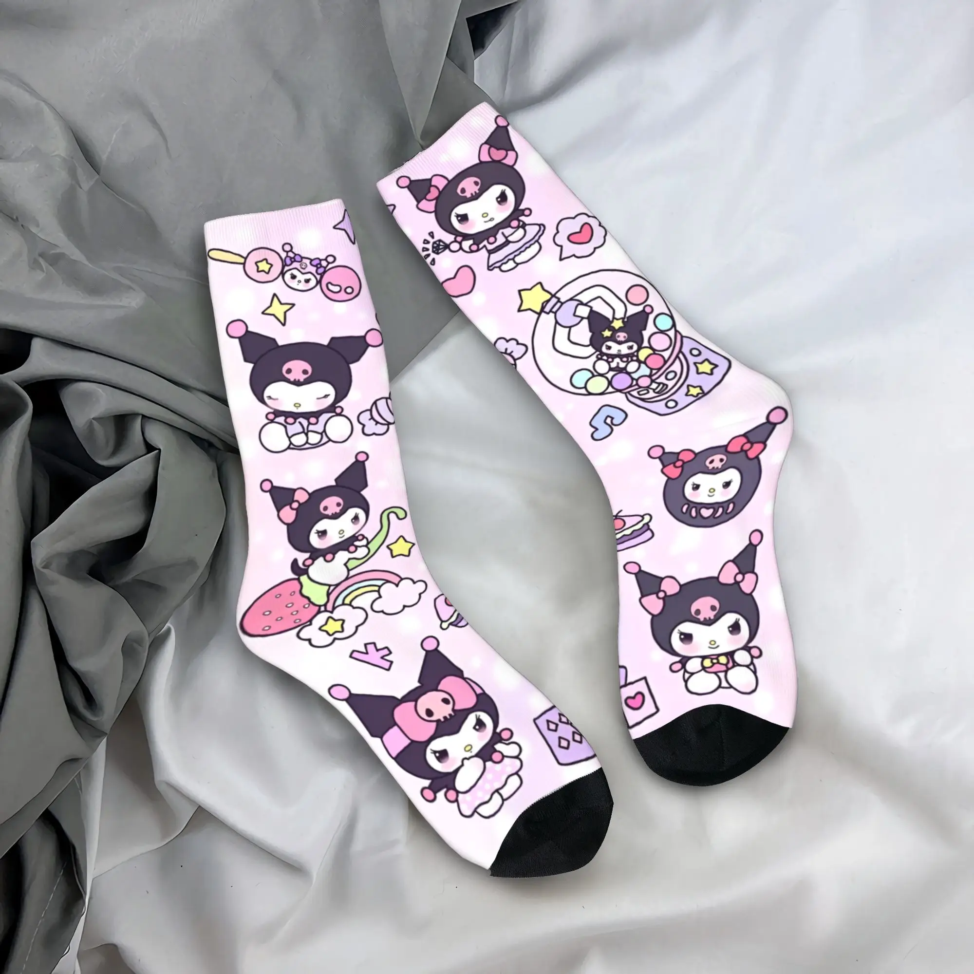 

Хип-хоп Kawaii, милые баскетбольные носки Kuromi, мультяшные полиэстеровые средние носки-трубы для женщин и мужчин, нескользящие