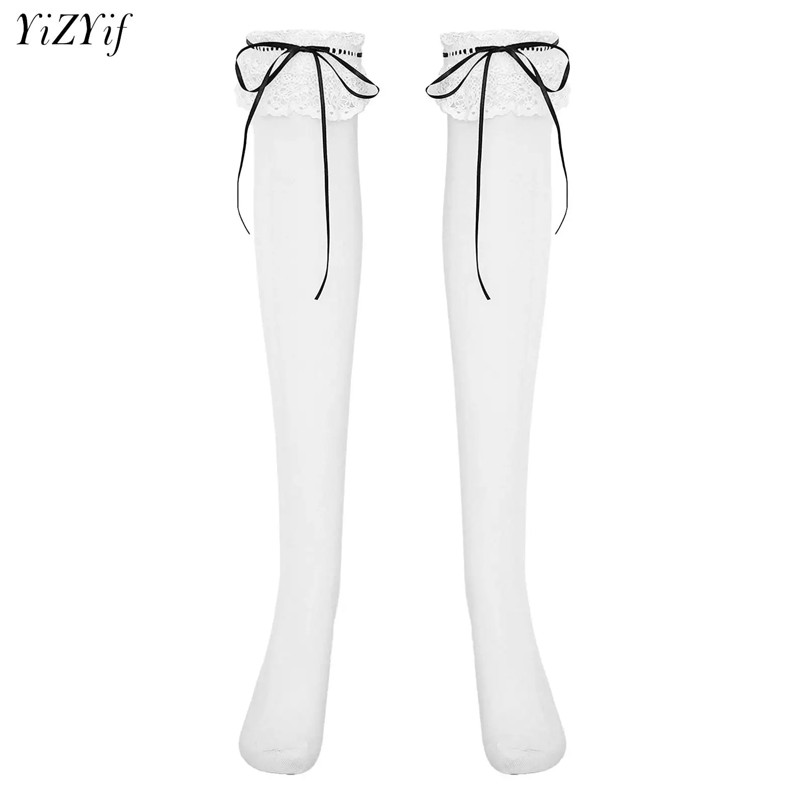 

Womens Girls High Stretchy Cotton Socks Lolita Knee High Stockings Tiered Lace Ruffle Trim Bowknot Socks Standard Socks