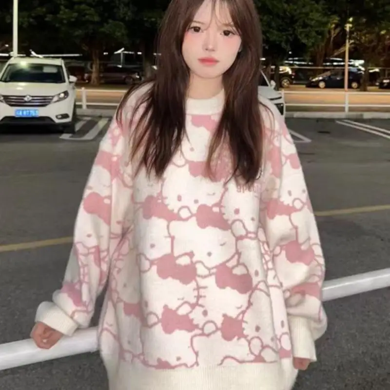 

Kawaii Hello Kitty свитер Sanrio Girl ретро осеннее и зимнее пальто в студенческом стиле вязаный кардиган куртка новый мультфильм свободный Y2K