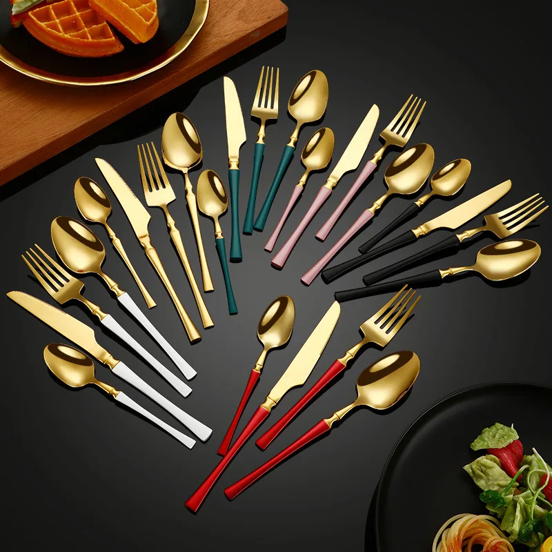 New 5PCS 304 Stainless Steel Cutlery Set with Pattern Gold Silver Western Tableware Knife Fork Spoon Utensils for Kitchen