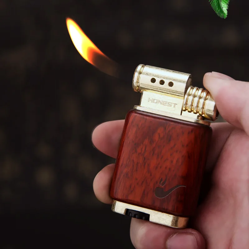 New Sandalwood Gas Lighter Creative Personality Retro Open Flame Wooden Shell Pipe Lighter High Quality Gift Collection