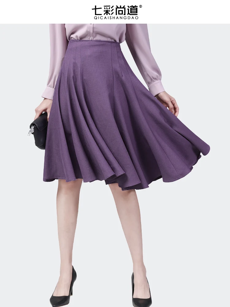 Saia midi plissada de cintura alta feminina linha A, elegante fluindo na altura do joelho, roxo Fashion, fundo de festa feminino, primavera, verão