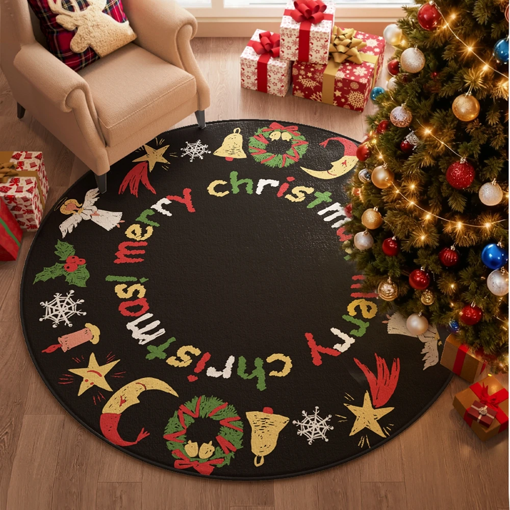 VIKAMA Christmas Round Carpet For Living Room, Vintage Sofa, Coffee Table, Floor Mat, Bedroom Bedside Blanket, Home Decoration