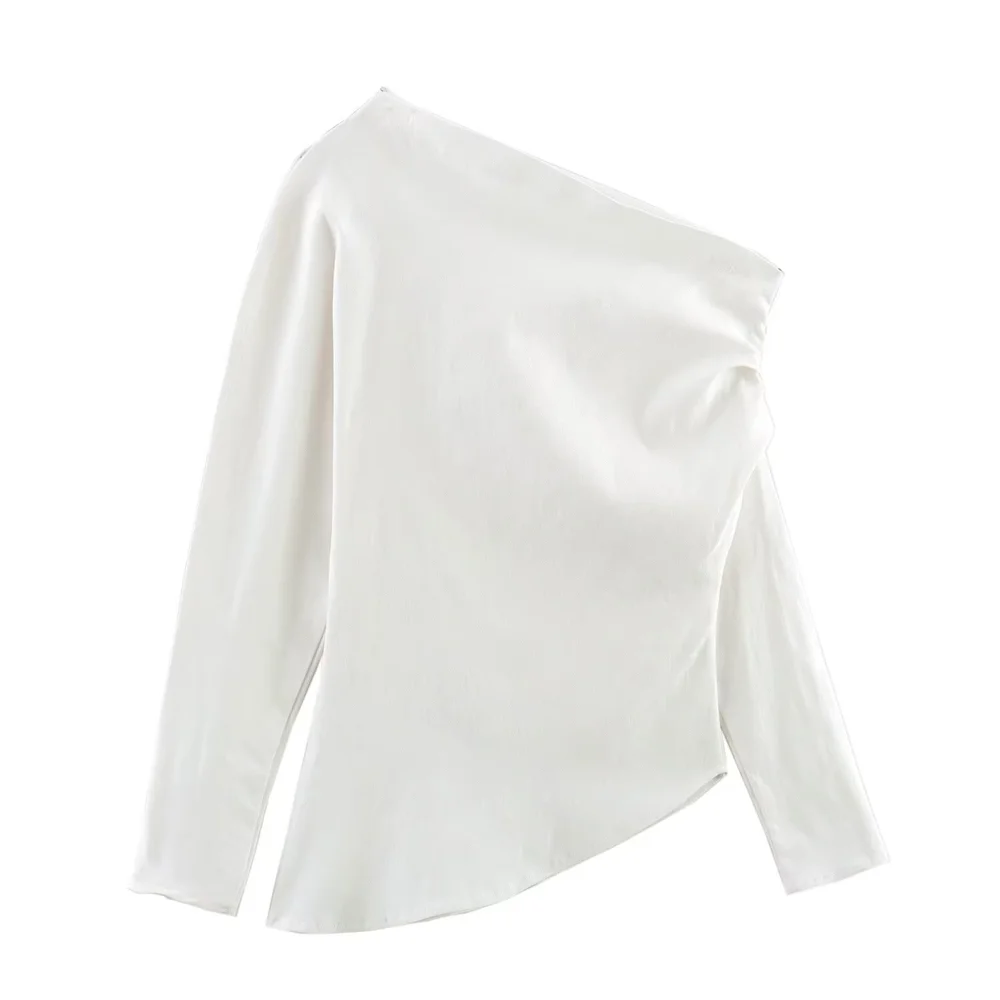 PB&ZA2024 autumn new women\'s clothing fashionable temperament slim fit asymmetrical design pleated elastic top