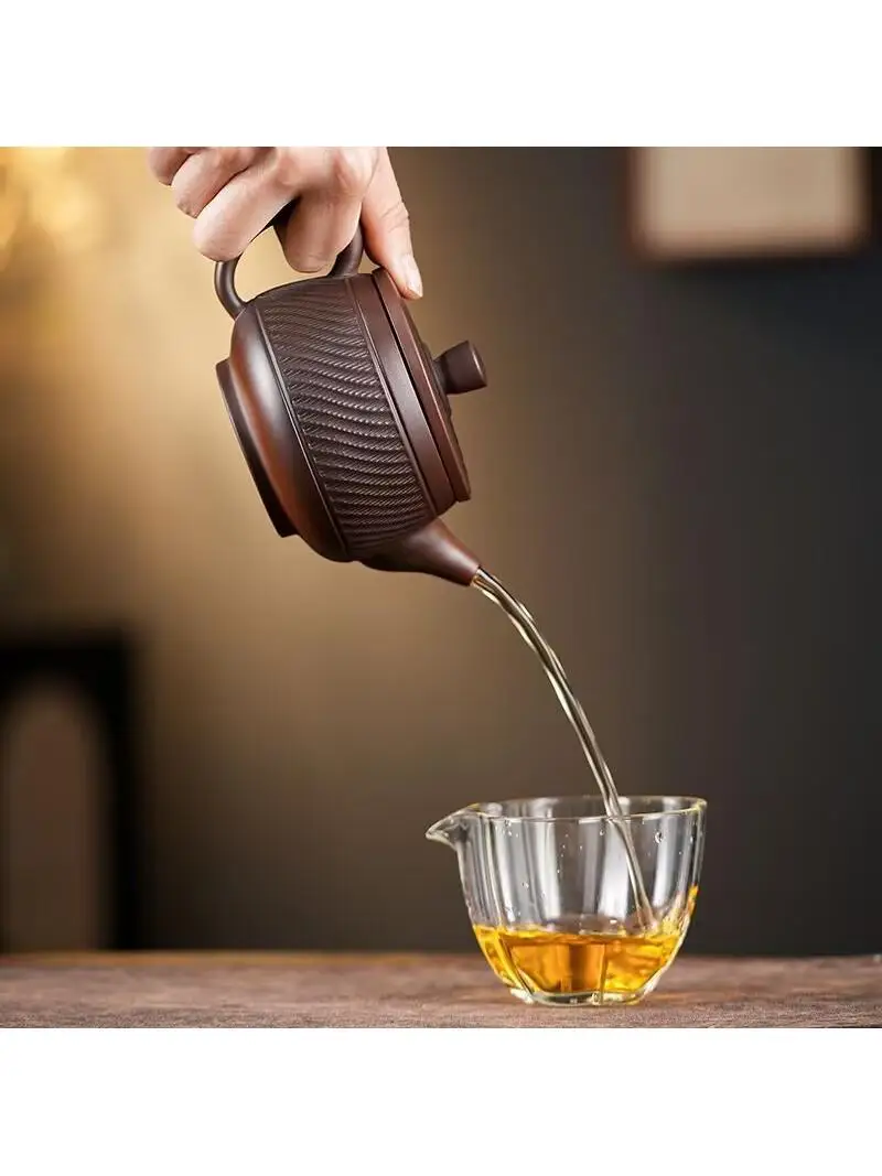 Yunnan Purple Clay Teapot with Jumping Knife Pattern Rotation High End Home Tea Pot Han Tiles Teaware Chinese Culture Gift