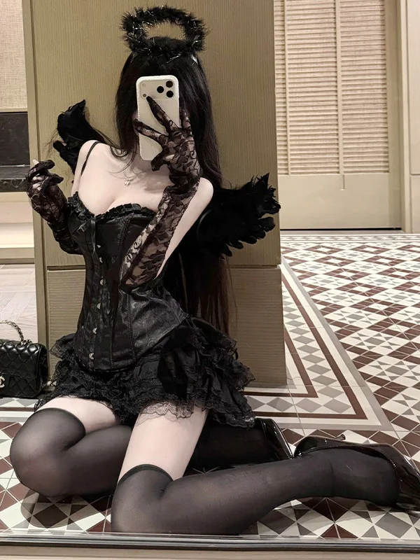 Angel Black Lace Strapless Fishbone Bra Women's Halloween Cosplay Set Devilish Puffy Skirt Role-playing Thin Cup Bralette