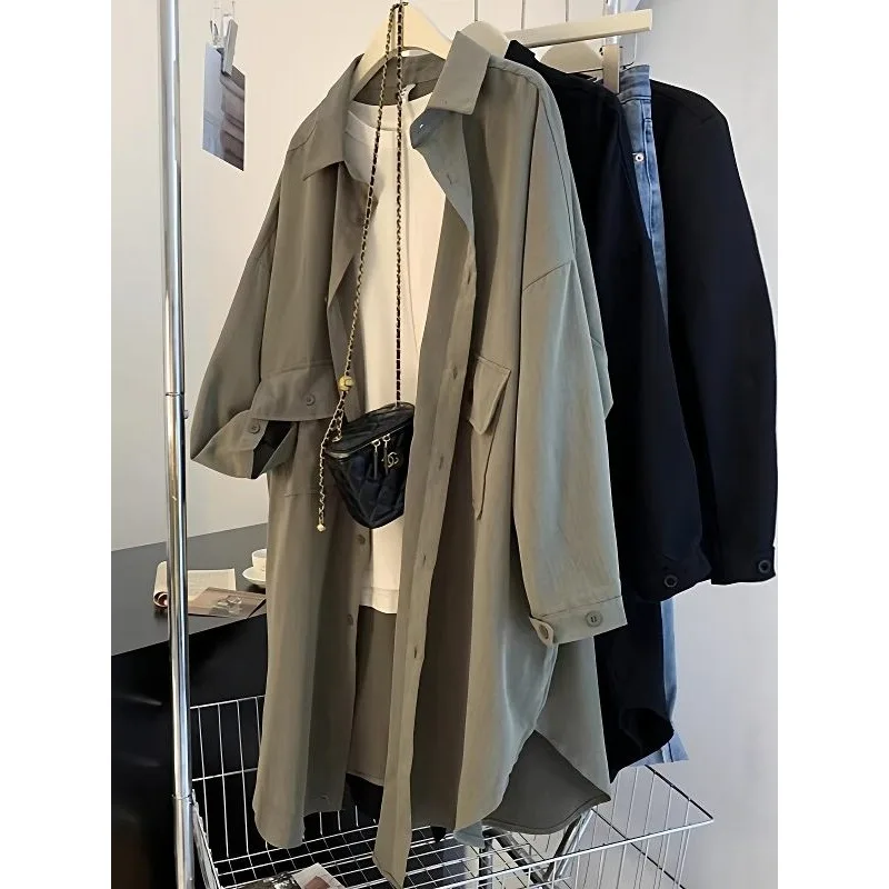 

SuperAen Spring 2026 New Oversize Solid-color Mid-length Simple Shirts Loose Long-sleeved Green Sun Protection Shirts