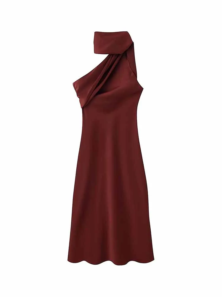 

HH Woman Spring Fashion Elegant Sleeveless Scarf Collar Asymmetric Sexy Middle Length Dress Female Summer Casual Banquet Dress