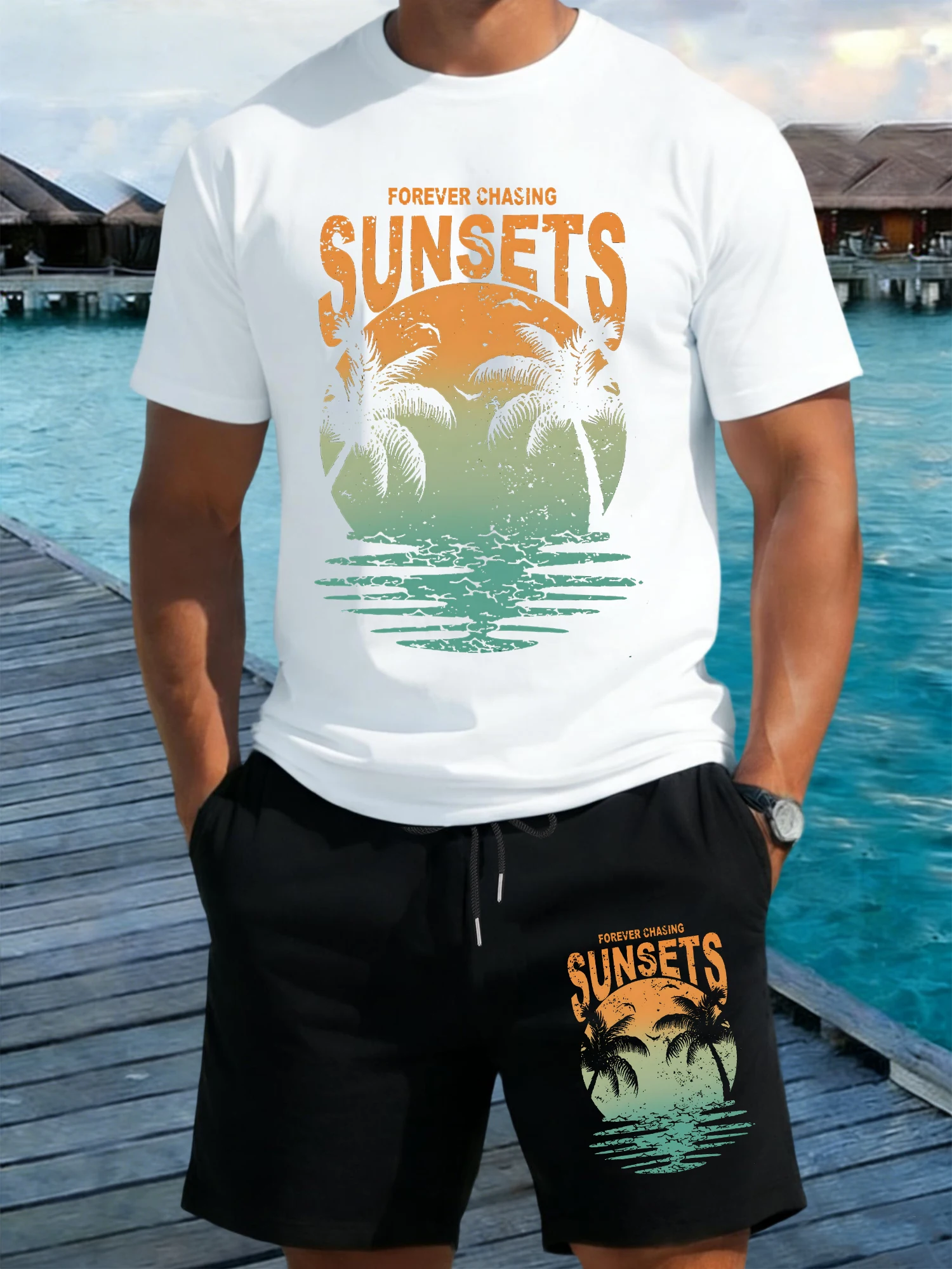 

Forever Chasing Sunsets Coconut Tree Print Men T-Shirt Set Casual Cotton T Shirts Suits Summer Pants Pocket Wide-Leg Shorts