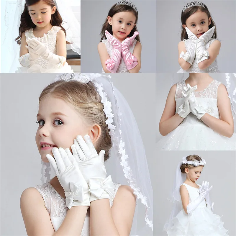 Children Girls Gloves Satin Long Gloves Children\'s Day Party Performance Dance Gloves with Bowknot Kids Dress Accessories