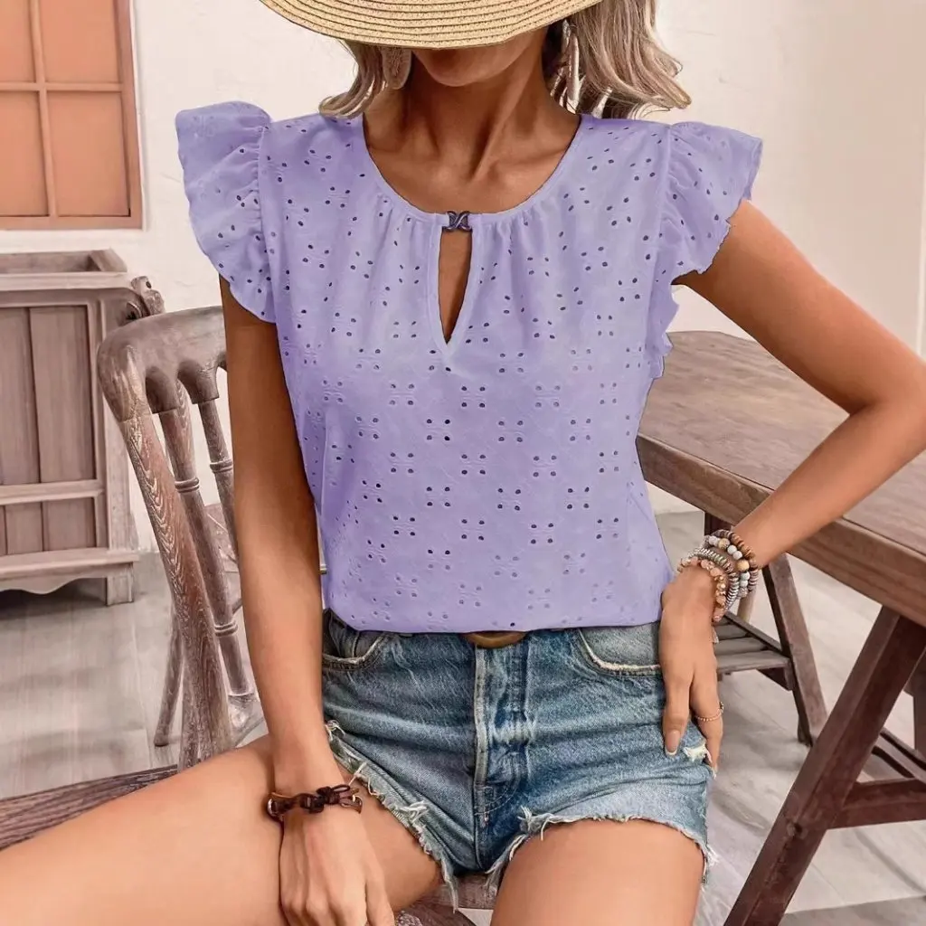 

Independent Station Women's V-neck Push Sleeve Short Sleeve T-shirt Spring Summer Jacquard Top Fashion