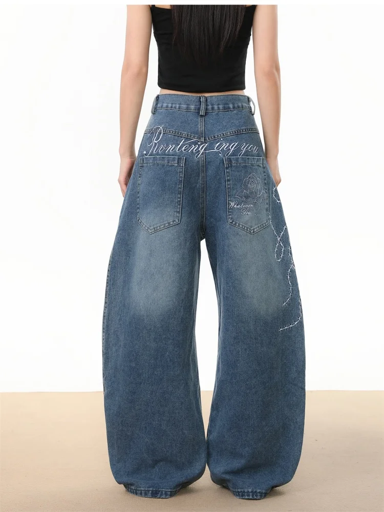

2025 Rop Y2K Streetwear Thorn Letter Embroidery Baggy Stacked Jeans Pants For Women Clothing Wide Leg Gothic Lady Denim Trousers