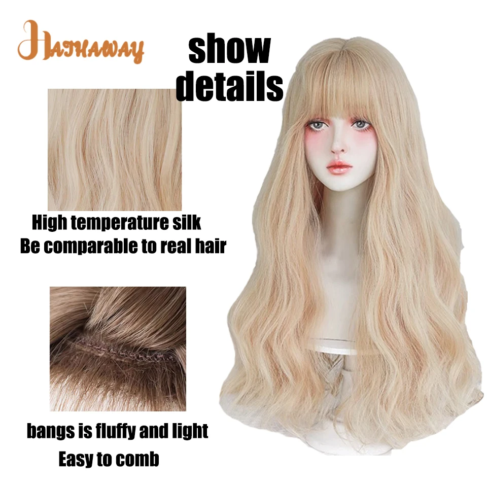 Synthetic Wig Long Hair Natural Linen Gold Sweet Cool Cute Lolita Neat Bangs Full Headgear