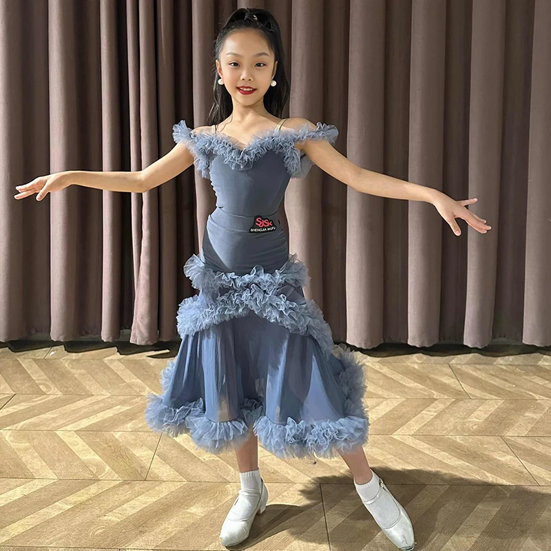 

2024 Ballroom Dance Competition Clothing For Girls Gray Big Swing Skirts Chacha Waltz Modern Dance Performance Dress DN17228