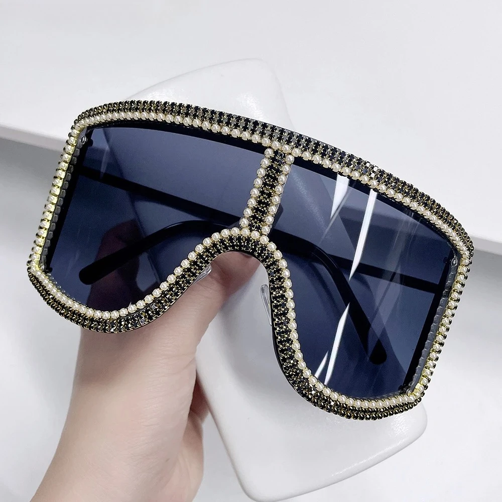 

Luxury One Pieces Metal Pearl Diamond Sunglasses Sexy Tinted Goggle Shield Punk Oversized Sun Glasses Party Lunette De Soleil
