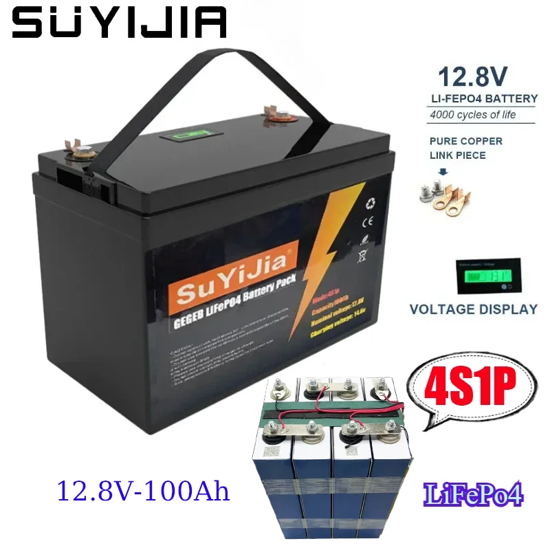 

12.8V 100Ah LiFePO4 Battery Pack 4S1P 3.2V Lithium Iron Phosphate Rechargeable Battery for Solar/UPS/ROV with BMS 4000+ Cycles