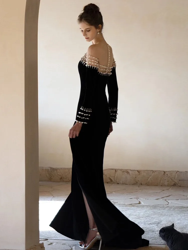 Hepburn Style Black Evening Dress 2024 New Long Sleeves Prom Dress Off The Shoulder With Pearls Fishtail Dress Vestidos De Noiva