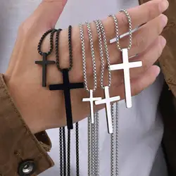 Vnox Cross Necklaces for Men Women, Simple Plain Black Silver Color Stainless Steel Thick Cross Pendant with Box Chain
