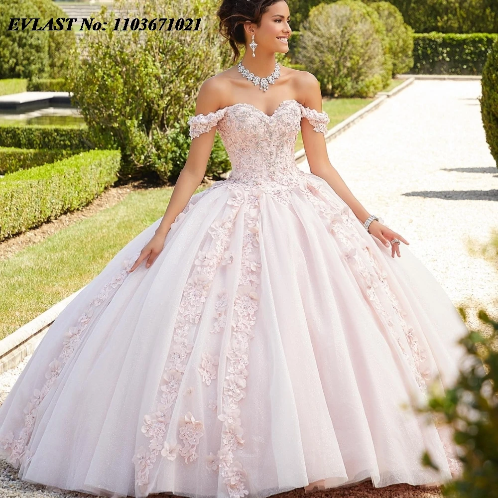 EVLAST Shiny 2024 Champagne Quinnceanera Dress Ball Gown Lace Applique Beaded Crystal Corset Sweet 16 Vestidos De 15 Anos SQ596