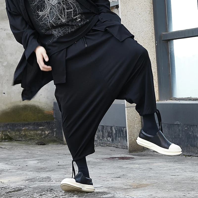 Men's nine minute pants spring/summer fashion Yamamoto wind dark black men low crotch baggy pants small leg pants