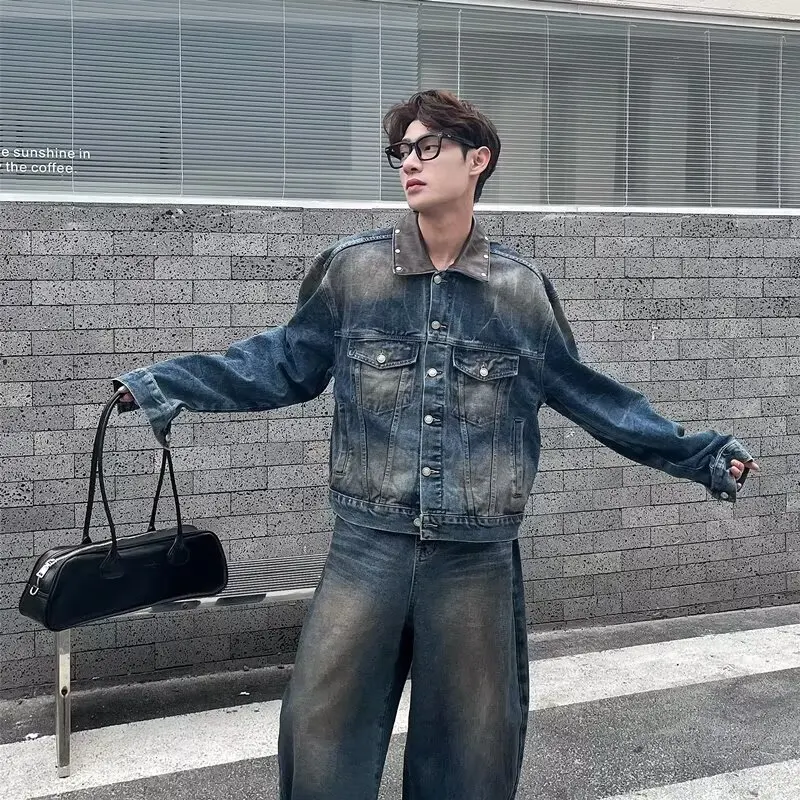 

Lightweight ort American Sle Blue Denim Cardigan Jaet for Men Loose Fit Workwear Coat Large Size up to 250 Pou