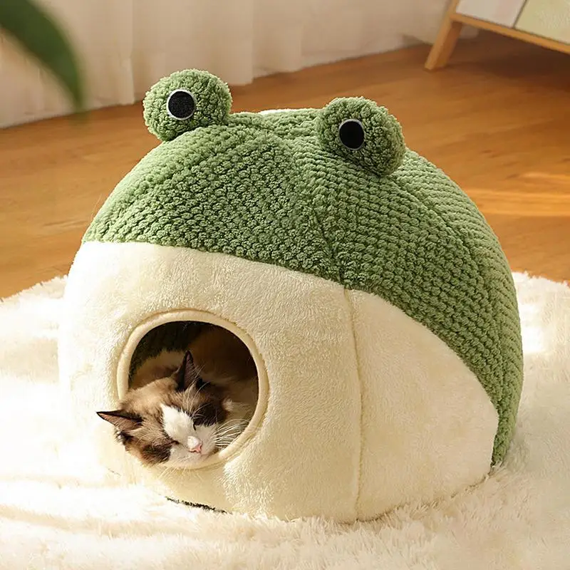 Pet Nest Winter Warm Dog Den Cat Villa Plush Pet Mattress Small Frog Shape Semi Enclosed Kitten Puppy House Pet Supplies Dropshi